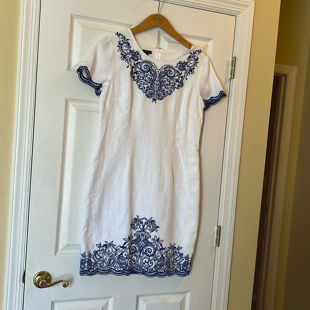 Talbots embroidered linen dress, matching heels.
